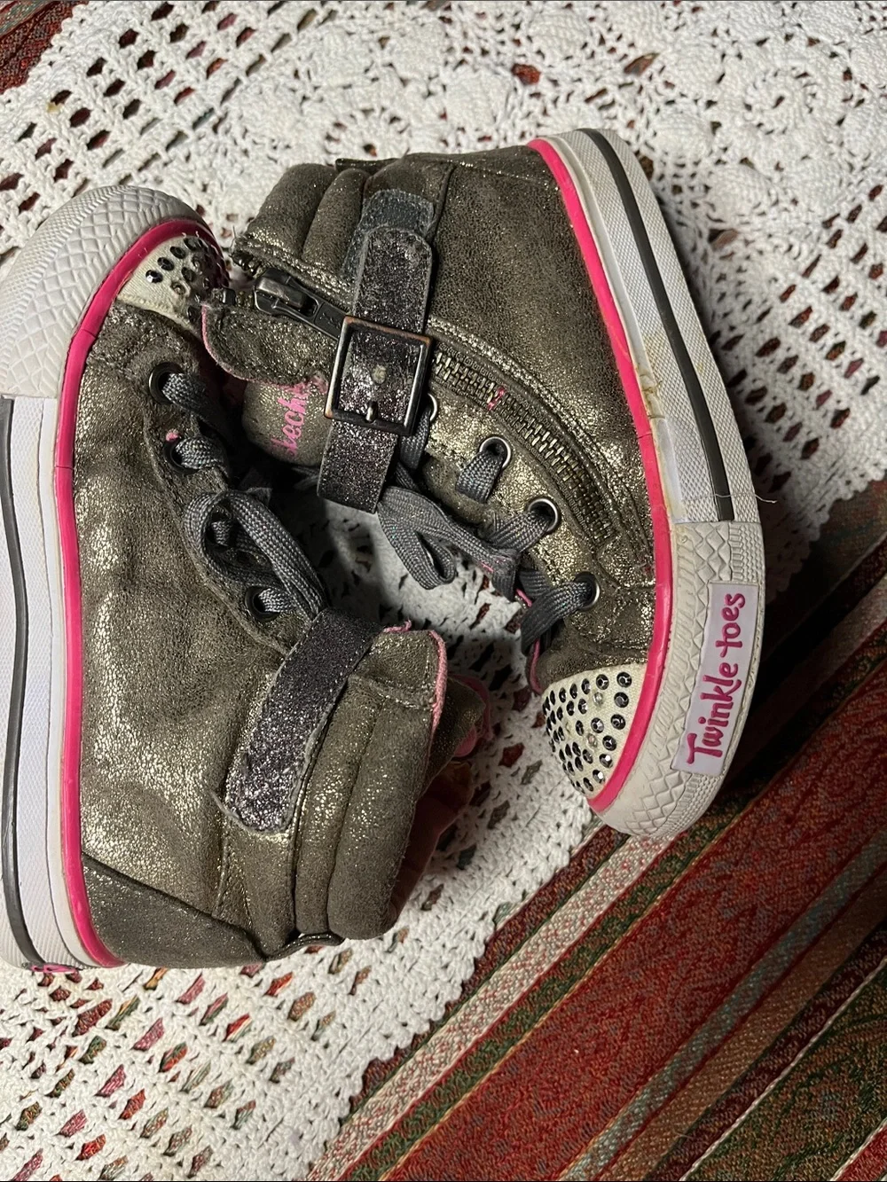Sketchers hi top gold glitter jewel tiptoe rainbow zip velcro